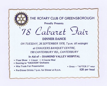 Memorabilia - Card, Rotary Club of Greensborough, The Rotary Club of Greensborough: '78 Cabaret Fair Dinner Dance, 26/09/1978