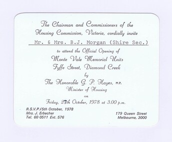 Memorabilia - Invitation, The Housing Commission of Victoria, Official Opening of Monte Vale Memorial Units, Diamond Creek, 27/09/1978