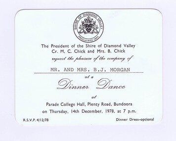 Memorabilia - Invitation, Shire of Diamond Valley, Shire of Diamond Valley Dinner Dance 1978, 14/12/1978
