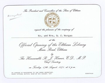 Memorabilia - Invitation, Shire of Eltham, Official opening of the Eltham Library 17th August 1971, 17/08/1971