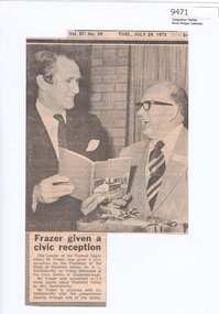 Memorabilia - Newspaper Clipping, Diamond Valley News, Frazer given a civic reception, 29/07/1975