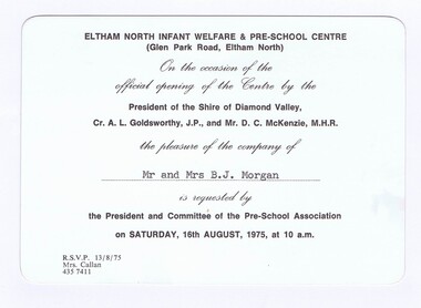 Memorabilia - Invitation, Shire of Diamond Valley, Official opening of Eltham North Infant Welfare & Pre-School Centre 1975, 16/08/1975