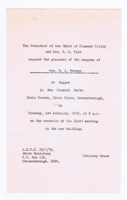 Memorabilia - Invitation, Shire of Diamond Valley, Invitation to supper at the Civic Centre 1971, 01/02/1972
