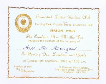 Memorabilia - Invitation, Brunswick Ladies Bowling Club, Brunswick Ladies Bowling Club Opening Day, Luncheon and Bowls, 07/09/1976