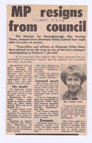 Memorabilia - Newspaper Clipping, Diamond Valley News, MP resigns from council, 03/07/1979