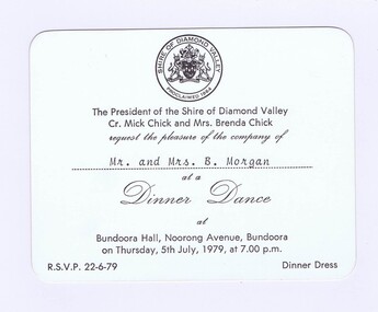 Memorabilia - Invitation, Shire of Diamond Valley, Shire of Diamond Valley Dinner Dance 1979, 05/07/1979