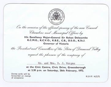 Memorabilia - Invitation, Shire of Diamond Valley, Invitation to the official opening of the new Council Chambers and Municipal Offices 1972, 26/02/1972