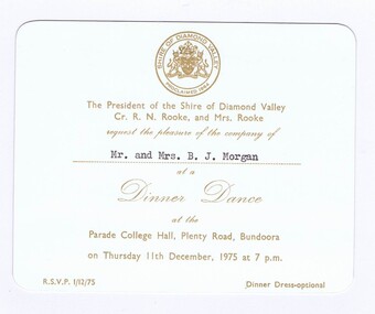 Memorabilia - Invitation, Shire of Diamond Valley, Shire of Diamond Valley Dinner Dance 1975, 12/1975