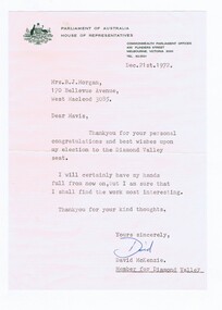 Memorabilia - Letter, David Mckenzie, Thank you letter from David Mackenzie 1972, 21/12/1972