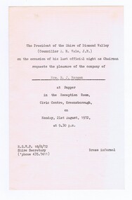 Memorabilia - Invitation, Shire of Diamond Valley, Invitation to supper at the Civic Centre 1972, 21/08/1972