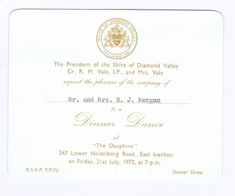 Memorabilia - Invitation, Shire of Diamond Valley, Shire of Diamond Valley Dinner Dance 1972, 21/07/1972