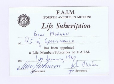 Memorabilia - Card, Rotary International, Rotary International F.A.I.M. (Fourth Avenue In Motion) Life Subscription, 01/01/1980
