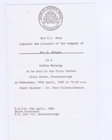 Memorabilia - Invitation, Shire of Diamond Valley, Shire of Diamond Valley Coffee Morning 1980, 16/04/1980