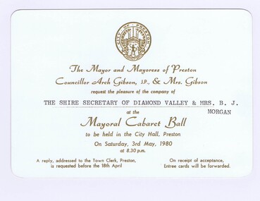 Memorabilia - Invitation, City of Preston, City of Preston Mayoral Cabaret Ball 1980, 03/05/1980