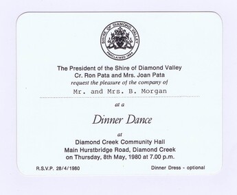 Memorabilia - Invitation, Shire of Diamond Valley, Shire of Diamond Valley Dinner Dance 1980, 08/05/1980