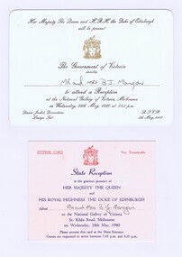 Memorabilia - Invitation & Card, Government of Victoria, Royal Tour Invitation and Entry Card 1980, 28/05/1980