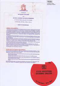 Memorabilia - Programme, Government of Victoria, Royal Tour State Reception 1980: Order of proceedings; and, window sticker, 28/05/1980