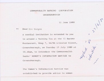 Memorabilia - Invitation, Commonwealth Bank of Greensborough, Commonwealth Banking Corporation: Greensborough Morning Tea, 15/07/1980