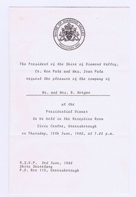 Memorabilia - Invitation, Shire of Diamond Valley, Shire of Diamond Valley Presidential Dinner 1980, 12/06/1980