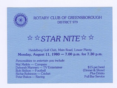 Memorabilia - Card, Rotary Club of Greensborough, Rotary Club of Greensborough 'Star Night", 11/08/1980