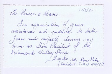 Memorabilia - Card, Ron and Joan Pata, Thank you card from Ron and Joan Pata, 13/08/1980