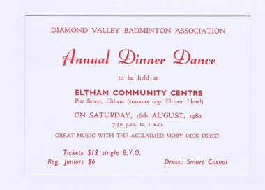 Memorabilia - Card, Diamond Valley Badminton Association, Diamond Valley Badminton Association Annual Dinner Dance 1980, 16/08/1980