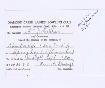 Memorabilia - Invitation, Diamond Creek Ladies Bowling Club, Diamond Creek Ladies Bowling Club Opening Day, 09/09/1981