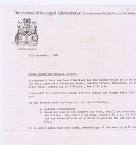 Memorabilia - Letter, Institute of Municipal Administration, Frank Rogan Testimonial Dinner, 25/11/1980
