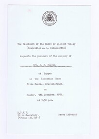 Memorabilia - Invitation, Shire of Diamond Valley, Shire of Diamond Valley Supper 1974, 09/12/1974