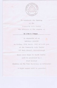 Memorabilia - Invitation, Shire of Diamond Valley, Shire of Diamond Valley celebration for the opening of the Community Arts Centre 1981, 27/03/1981