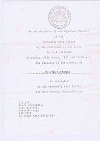 Memorabilia - Invitation, Shire of Diamond Valley, Shire Diamond Valley celebration on the official opening of the Community Arts Centre 1981, 29/03/1981