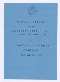 Memorabilia - Programme, Shire of Diamond Valley, Shire Diamond Valley celebration on the official opening of the Community Arts Centre, 29/03/1981