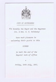 Memorabilia - Invitation, Shire of Diamond Valley, Shire of Diamond Valley Dinner 1981, 24/07/1981