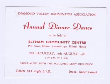Memorabilia - Ticket, Diamond Valley Badminton Association, Diamond Valley Badminton Association Annual Dinner Dance 1981, 15/08/1981