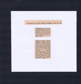 Memorabilia - Newspaper Clipping, Diamond Valley News, Death notice for Myrtle Louise Morgan June 25, 1981, 30/06/1981