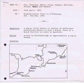 Memorabilia - Document, Shire of Diamond Valley, Diamond Valley Visit to O'Shannassy, 22/04/1983
