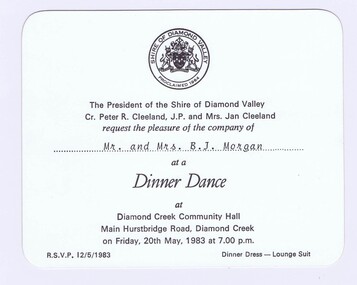 Memorabilia - Invitation, Shire of Diamond Valley, Shire of Diamond Valley Dinner Dance 1983, 20/05/1983