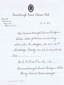 Memorabilia - Invitation, Greensborough Senior Citizen Club, Greensborough Senior Citizens Club 12th Birthday, 28/06/1983