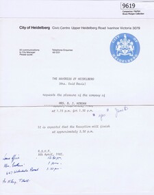 Memorabilia - Invitation, City of Heidelberg, City of Heidelberg Mayoress Reception 1981, 1981