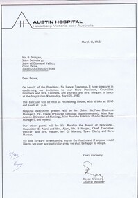 Memorabilia - Letter, Austin Hospital, Austin Hospital Lunch Invitation, 11/03/1982
