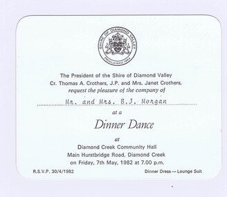 Memorabilia - Invitation, Shire of Diamond Valley, Shire of Diamond Valley Dinner Dance 1982, 07/05/1982