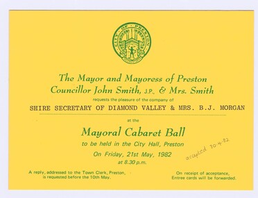 Memorabilia - Invitation, City of Preston, City of Preston Mayoral Cabaret Ball 1982, 21/05/1982