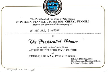 Memorabilia - Invitation, Shire of Diamond Valley, Shire of Whittlesea Presidential Dinner 1982, 28/05/1982