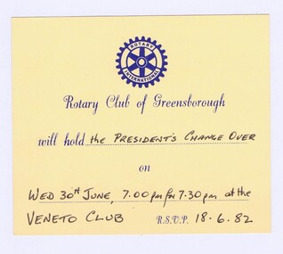Memorabilia - Invitation, Lions Club of Greensborough, Rotary Club of Greensborough  President's change-over, 18/06/1974