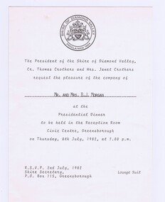 Memorabilia - Invitation, Shire of Diamond Valley, Shire of Diamond Valley Presidential Dinner 1982, 08/07/1982