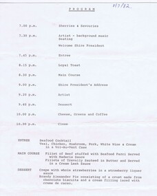 Memorabilia - Programme and List, Shire of Diamond Valley, Shire of Diamond Valley Presidential Dinner 1982, 08/07/1982