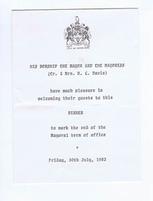 Memorabilia - Invitation and Program, City of Heidelberg, City of Heidelberg Dinner 1982, 30/07/1982