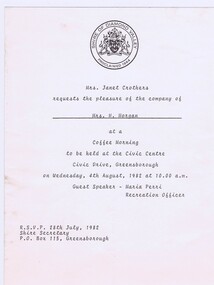 Memorabilia - Invitation, Shire of Diamond Valley, Shire of Diamond Valley Coffee Morning 1982, 04/08/1982