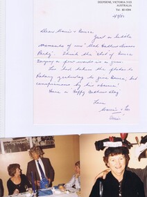 Memorabilia - Letter, Mavis Davies, Letter with two photographs taken at the "Mad Hatters Dinner", 02/09/82
