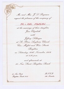 Memorabilia - Invitation, Wedding invitation for the marriage of Jane Elizabeth Rogerson with Jeffrey Sellenger, 1982